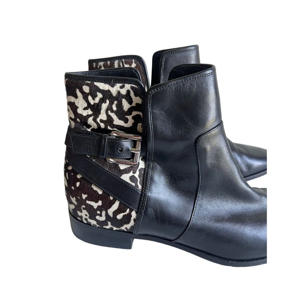 Michael Kors Black Leather Ankle Boots with Brown & White Animal Print Heel - Picture 2 of 8